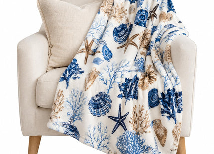 Ocean Coastal Shells Throw Blanket, Nautical Blues Beige on White, 50x70