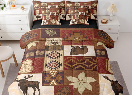 Erosebridal Buffalo Plaid 7 Piece Comforter Set Cabin Decor,Bear Elk Deer Wild Animal Bedding Sets Fall Leaves Pine Cones Bed Sheets Wildlife Hunting Theme Quilt Bohemian Floral Bed in a Bag,Twin