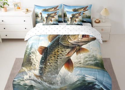 Feelyou Big Pike Fish Comforter Set with Sheets Hunting and Fishing Themed 7 Piece Bedding Set for Kids Boys Girls Underwater Animals Bed in a Bag Soft Bedding Comforters Full Size