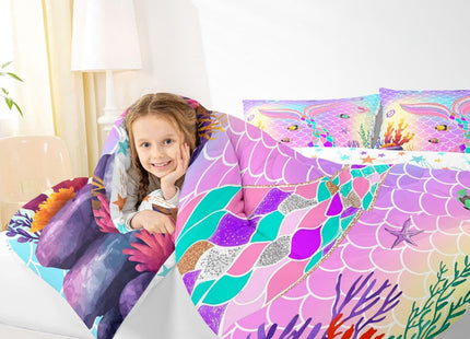 Erosebridal Mermaid Bedding Twin,Little Twin Sets for Girls,Nautical Sea Animal Comforter Set Glitter Tail Quilt,Ocean Starfish Coral Fish Duvet Insert Blue Purple Teal Kawaii Room Decor