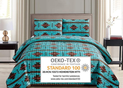 JABA USA Southwest Teal/Burgundy/Brown Print Bedspread 3 Piece Navajo/Native American Design Microfiber Cabin Lodge Quilt Set- Size Southwestern Bedding