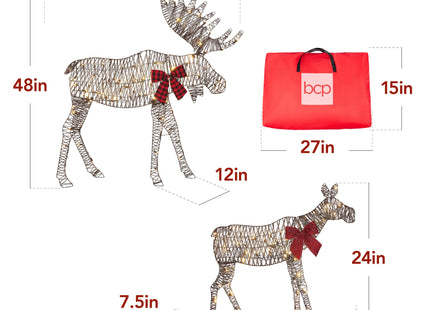 Best Choice Products 2D Moose Family Outdoor 2Pc Christmas Yard Décor, 4ft Lighted Yard Set Prelit All-Weather w/ 125 LEDs, Ground Stakes - Rattan