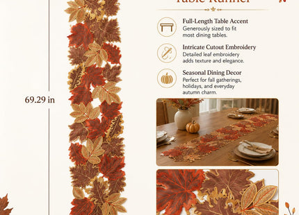 Fall Table Runner 13x69 Inches Long Autumn Maple Leaf Embroidered Runner