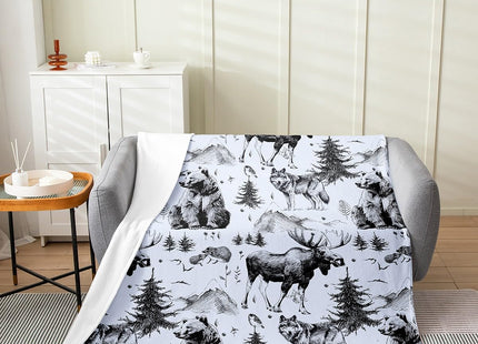 Bear Blanket for Rustic Cabin Room Decor,Grey Deer Moose Twin 60x80 Inch