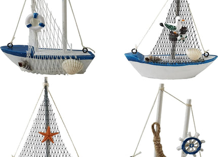 TIHOOD 4PCS Mini Sailboat Model Decoration Wooden Miniature Sailing Boat Home Decor Set, Beach Nautical Design, Navy Blue and White, 4.4 x 6.8 Inch (StyleB)