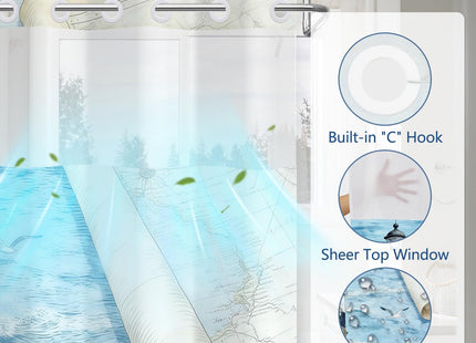 No Hook Shower Curtain with Snap in Liner Set, Nautical Lighthouse & Map Waterproof Shower Curtains for Bathroom Decor, Washable Fabric Shower Curtains with Sheer Top Window and Built-in Weighted Hem