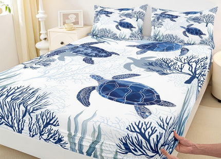 Turtle Sheet Set Twin,White Blue Sea Turtle Bedding Set for Kids Boys Girls,Reptile Tortoise Fitted Sheet Ocean Beach Theme Top Sheet,Hawaiian Coastal Child 3 Pcs Bed Set,1 Flat Sheet, 1 Pillowcase