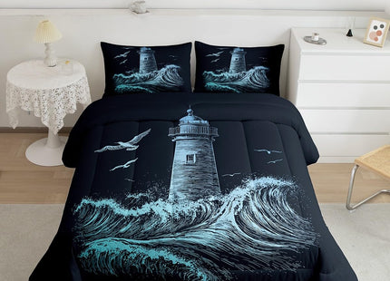 Erosebridal Nautical Comforter Set Twin, Lighthouse Down Comforter for Kids Boys Men, Ocean Wave Quilted Duvet, Surfing Coastal Bedding Comforters, Navy Blue Hand Drawn,Ultra Lightweight