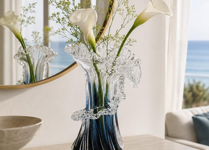 Blue White Clear Wave Gradient, Hand Blown Glass Vase Unique Art Decorative Vase for Ocean Inspired Coastal Home Decor, Centerpiece for Modern Office, Entryway Table
