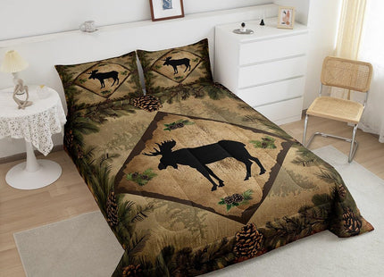 Farmhouse Moose Comforter Set Wild Animal Silhouette Rustic Style Bedding Comforter for Kids Teens Adults Jungle Cartoon Pine Cones Green Leaves Quilt Duvet Set with 2 Pillowcases Queen Size 3 Pcs