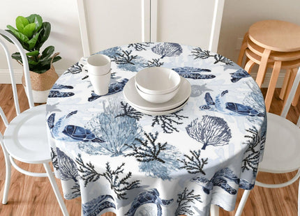 BYONEESS Summer Coastal Tablecloth Round 60 Inch Nautical Sea Turtle Table Cloth Nautical Coastal Blue Tortoise Coral Table Cover for Party Kitchen Dining Picnic Holiday Outdoor Decor