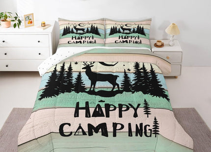 Kids Happy Camping Comforter Set Twin,Cute Deer Camper Bedding Set Rustic Farmhouse Woodland Animal Comforter For Boys Girls Old Barn Door Quilted Duvet Star Moon Pine Tree Decor 2 Pcs Black Green