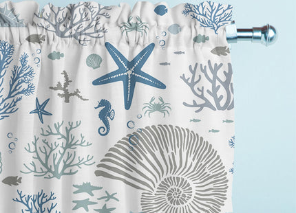 SIOQCKIS Coastal Valances for Windows, Summer Nautical Valances for Windows, Blue Seaside Valance Curtains Ocean Starfish Shell Kitchen Window Decor Conch Coral Living Room Bedroom Bathroom 51x18in