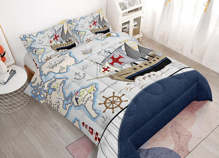 Blue Ocean Nautical Comforter Set Twin Vintage Pirate, 2 Pillowcases