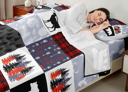 Teens Hunting Moose Deer Bed Sheets, Bear Trees And Vines Patchwork Fitted Sheet Twin For Kids Boys Girls, Rustic Wildlife Sheet Set Farmhouse Country Top Sheet, Red Black Plaid With White And Gray