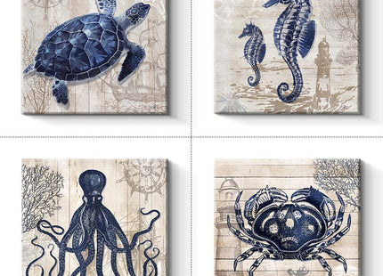 Pinetree Art 4 Panel Bathroom Wall Art Decor - Ocean Theme Canvas Prints Sea Animal Octopus Seahorse Crab Turtle Pictures Livingroom Posters - 12" x 12" x 4 pcs