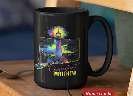 Connecticut Souvenir Coffee Mug With Custom Name, Personalized State Outline Black Cup, Colorful Lighthouse Design Mug, Customized Scenic Ceramic Cup 11oz 15oz, Gift For Travelers