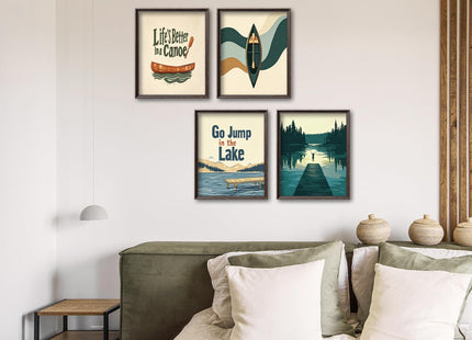 NaZaUK Lake House Wall Art Set of 4, Canoe Cabin Decor, 8x10 in Unframed