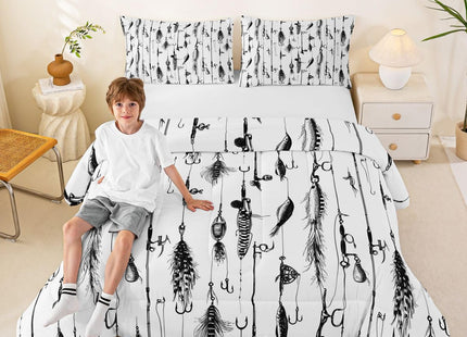 Homewish Fishing Fishhook Bedding Comforter Set Queen Size for Boys Girls