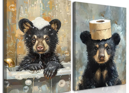 Bear Bathroom Wall Art Set of 2 Funny Animal Pictures Wall Decor Canvas Black Bear Decor Prints Cute Humorous Paintings for Bathroom Restroom Home Decoration 12×16 inch Framed