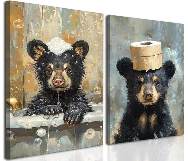 Bear Bathroom Wall Art Set of 2 Funny Animal Pictures Wall Decor Canvas Black Bear Decor Prints Cute Humorous Paintings for Bathroom Restroom Home Decoration 12×16 inch Framed