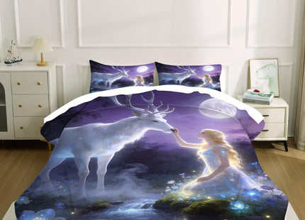 kxry Soft Easy Care Microfiber Bedding Sets Angel Girl and White Deer Forest Flower Comforter Set 2 Pieces of Moon Lightweight Quilt for Kids Teen Girls Twin Size