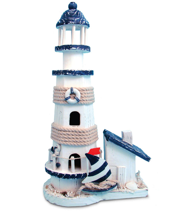 COTA Global Ocean Blue Lighthouse Decor - Handmade and Crafted Wooden Lighthouse Decoration with Sailboat Figure, Nautical Themed Home Decor – 13.5 Inch