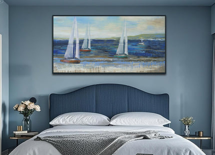 Acocifi Framed Nautical Sailboat Canvas Wall Art 48"x24", Blue Ocean Picture Print, Textured Impressionistic style Painting Large Artwork for Living Room Bedroom Dining Room Office Home Decor