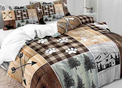 VIVIHOME 2PCS Black Bear Moose Deer Duvet Cover, Twin Bedding Sets, Vintage Brown Plaid Country Farmhouse Rustic Bedding, Forest Animal Wildlife Hunting Cabin Lodge Quilt Comforter Cover, 1 Pillowcase