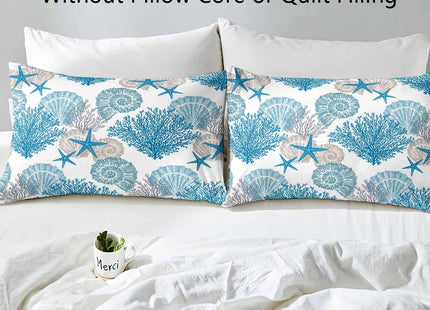 LUVIVIHOME 2PCS Coastal Bedding, Twin Bedding Sets, White Duvet Cover, Light Blue Coral Reef Starfish Conch Seashell Nautical Ocean Sea Life Summer Beach Comforter Bedspread Quilt Cover, 1 Pillow Case