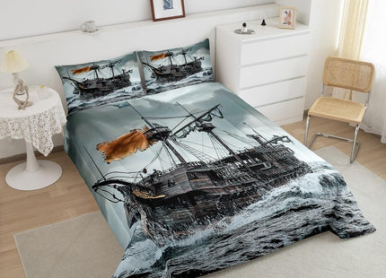 Sailboat Bedding Set Nautical Down Comforter Sailing Ship Comforter Set for Kids Boys Girls Wooden Boat Pirate Yacht Adventure Theme Quilt Set Bedroom Decor with 1 Comforter and 2 Pillow Cases Queen