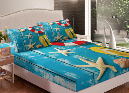 Ocean Themed Bed Sheets Set Full, Rustic Farmhouse Sheet Set, Coastal Lodge Cabin Flat Fitted Sheet, Starfish Seashell Sheets, Life Buoy Flip Flops Printed Bed Set 4Pcs with 2 Pillow Cases