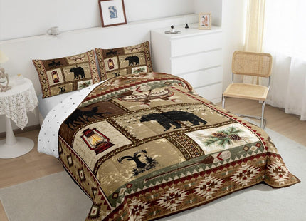 Erosebridal Rustic Lodge Bear Deer Bedding Full Size,Hunting Woodland Animals Comforter Set Camping Room Decor for Boys Men Adults,Retro Boho Wooden Canoe Quilt,Tribal Aztec Brown Duvet Insert,Soft