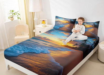 Ocean Bed Sheet Set Twin Waves Bedding Set Hawaiian Tripocal Sea Beach Fitted Sheet Soft Microfiber with 1 Pillow Sham,Sunset Ocean Beach Theme Digital Print 2 Pcs Kids Boys Girls Decor Bed Cover