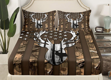 Rustic Wild Deer Fitted Sheet,Deer Antlers Animal Hunting Cabin Decor Bedding Set for Teens Men,Brown Camo Stripes Stars American Flag All-Round Deep Pocket Bed Sheet, Full Size (No Top Sheet)