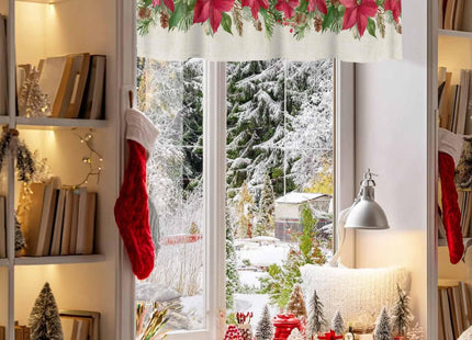 Merry Christmas Red Poinsettia Kitchen Curtain Valance, Window Curtain Valance Rod Pocket, 1 Panel Small Valances Window Treatment for Bathroom Living Room Cafe (54x18in Green Pine Tree Leaves)