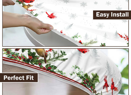 Winter Round Fitted Tablecloth with Elastic Edge,Water-Resistant Reusable Christmas Cardinal Bird Snowflake Red Table Cover for 44-48" Stretch Table Cloth for Dinner Indoor Outdoor Party Patio
