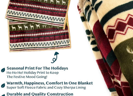 PAVILIA Premium Christmas Sherpa Throw Blanket, Green Red Cabin Design with Reindeer Print, Ultra Soft Reversible Fleece & Sherpa 50x60 Cozy Winter Blanket, Cozy Christmas & Holiday Decor