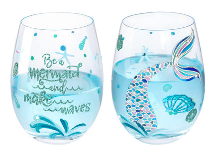 NymphFable Mermaid Set of 2 Hand-Painted Stemless Wine Glasses, 18 oz