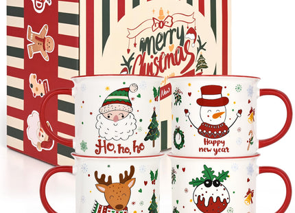 YHRJWN Christmas Mugs Set of 4, Festive Design Coffee Mugs with Santa Snowman Reindeer, Holiday Mugs for Hot Cocoa, Gifts for Family Friends, Holiday Decor, 13 Oz