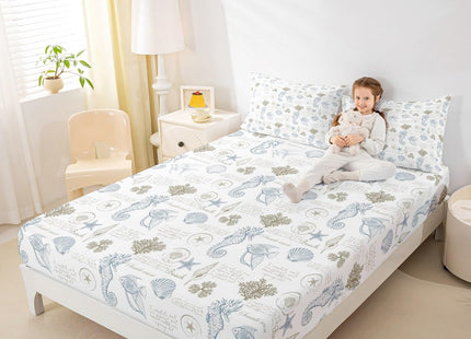 Coastal Fitted Sheet Twin Size,Beach Seashell Starfish Coral Bedding Set