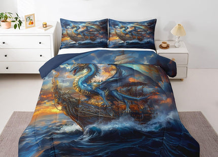 Castle Fairy 3D Dragon Comforter Set Toddler Size Nautical Sailing Boat Bedding Set Fashion Bedroom Decor Western Magical Wildlife Quilt Set for Kids Boys Girls Maritime Adventure Duvet Insert 2Pcs