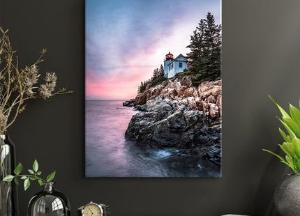 Lighthouse Wall Art Coastal Wall Decor Bass Harbor Beach Seascape Bathroom Decor Acadia National Park Poster Sunset Nautical Ocean Landscape Canvas Artwork Living Room Office Home Decoration 12x16"