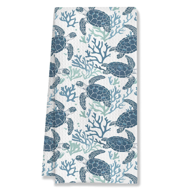 HUGANE Coral Sea Turtle Coastal Kitchen Towels, Navy Blue Beach Hand Towels for Bathroom, Blue Ocean Animal Beachy Nautical Dish Tea Towels for Kitchen Decor, 16x24 Inches