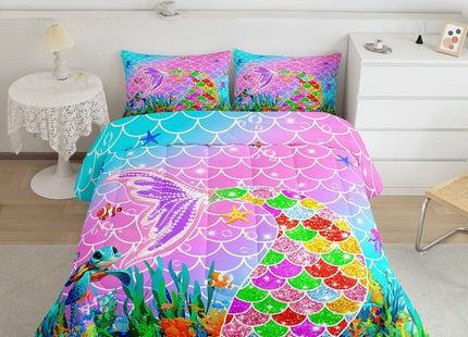 Feelyou Mermaid Comforter Set Toddler Size Ocean Fish Scales Bedding Set for Kids Boys Girls Rainbow Duvet Quilt Nautical Sea Animal Bedroom Decor Underwater Theme 2 Pcs with 1 Pillow Cases