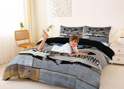 Erosebridal Camping Hunting Bedding Set Rustic Elk Deer Duvet Cover Queen Farmhouse Style Camper Theme Comforter Cover for Kids Adults,Eat Sleep Hunt and Camp Quilt Cover 2 Pillow Cases Grey Blue