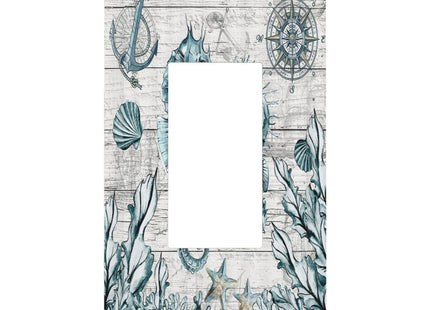 Seahorse Kelp Compass Anchor on Wooden Board 1 Gang Rocker Light Switch Covers Decorative Single Decora Outlet Wall Plate Faceplate Switchplate GFCI for Country Farmhouse Bathroom Bedroom Decor