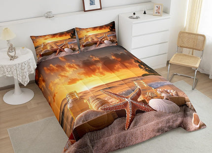 Starfish Comforter Set Boys Ocean Theme Bedding Twin Size, Shell Conch Beach Bedding Comforter Sets Seaside Hawaiian Vacation Style Duvet Insert 2 Pcs Soft Microfiber Quilt with 1 Pillowcase