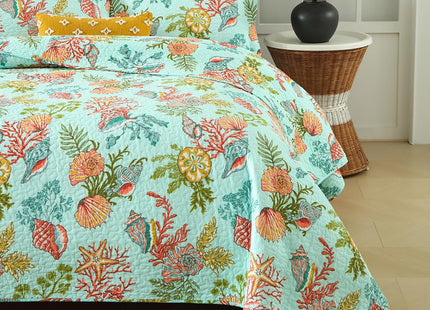 Autumn Dream Cotton Coastal Bedspread Quilt Sets Reversible Bedding Coverlet Sets Comforters, Fairytale Starfish Seashell Bedspread, Marine Green Ocean, King Size