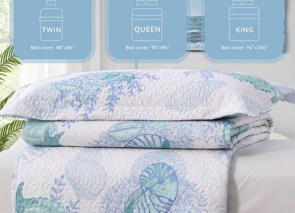 Hailea Ocean Quilt Full/Queen Size Coastal Bedding Lightweight Summer Beach Theme Bedspread Nautical Coverlet Blue Seashell Conch Bed Sheet with 2 Pillowshams (Green,Full/Queen)